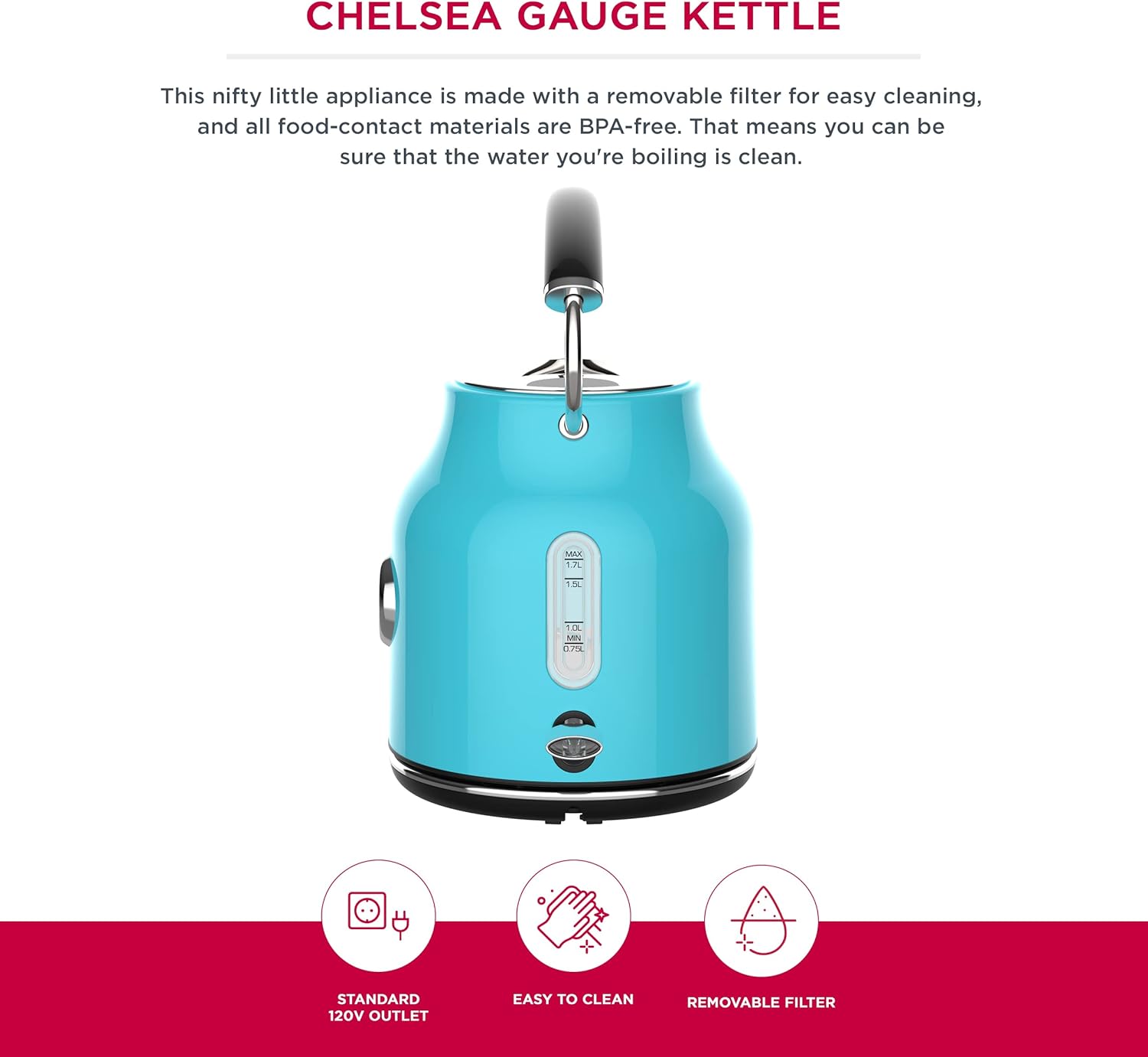 Homeart Chelsea Retro Cordless Kettle With Temperature Gauge - Stainless Steel With Removable Filter, Fast Boiling and Auto Shut-off - 1.7L Capacity