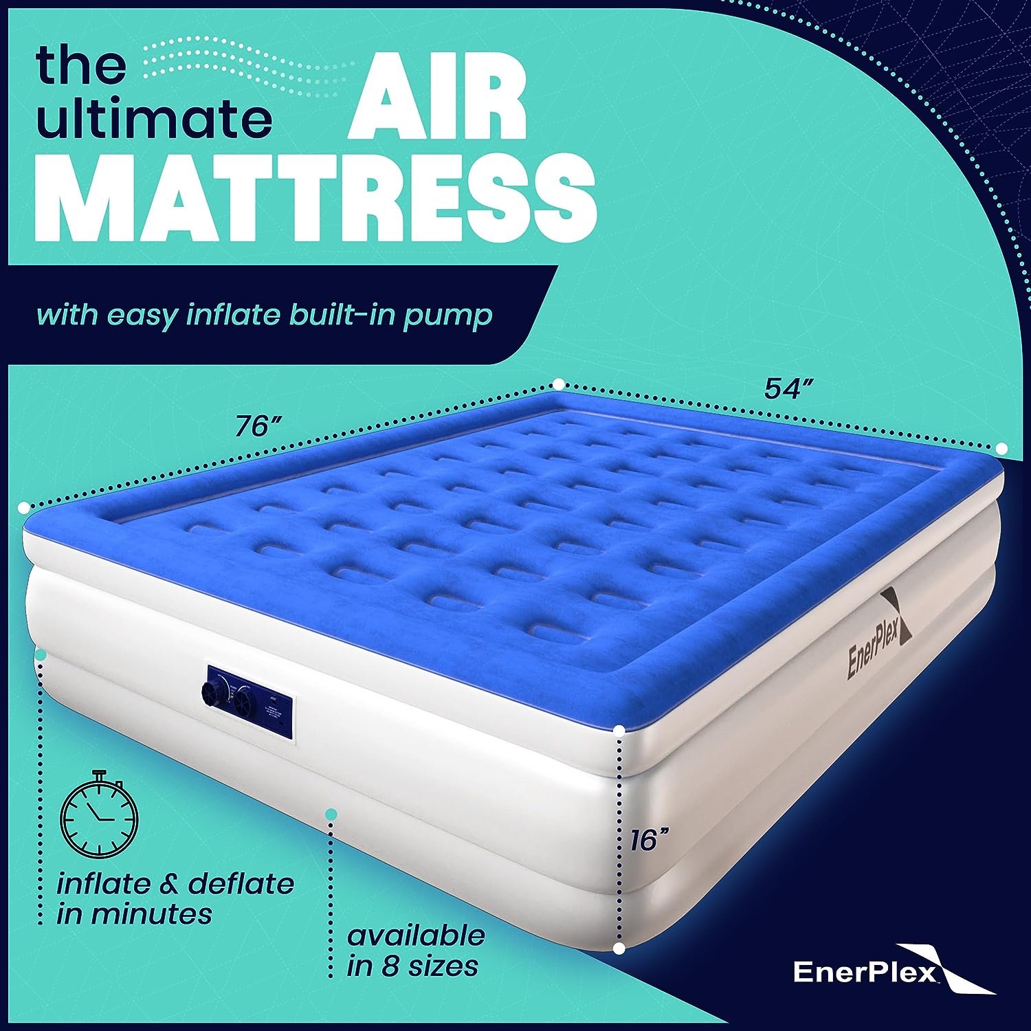 EnerPlex Air Mattress with Built-in Pump - Double Height Inflatable Mattress for Camping, Home & Portable Travel - Durable Blow Up Bed with Dual Pump - Easy to Inflate/Quick Set UP King 16 Inch