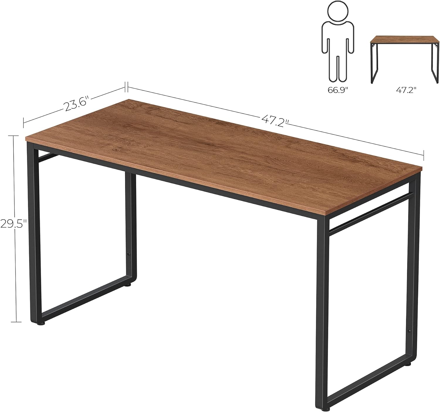 VASAGLE ALINRU Computer Desk 47.2 x 23.6 x 29.5 Inches with 8 Hooks Walnut Brown