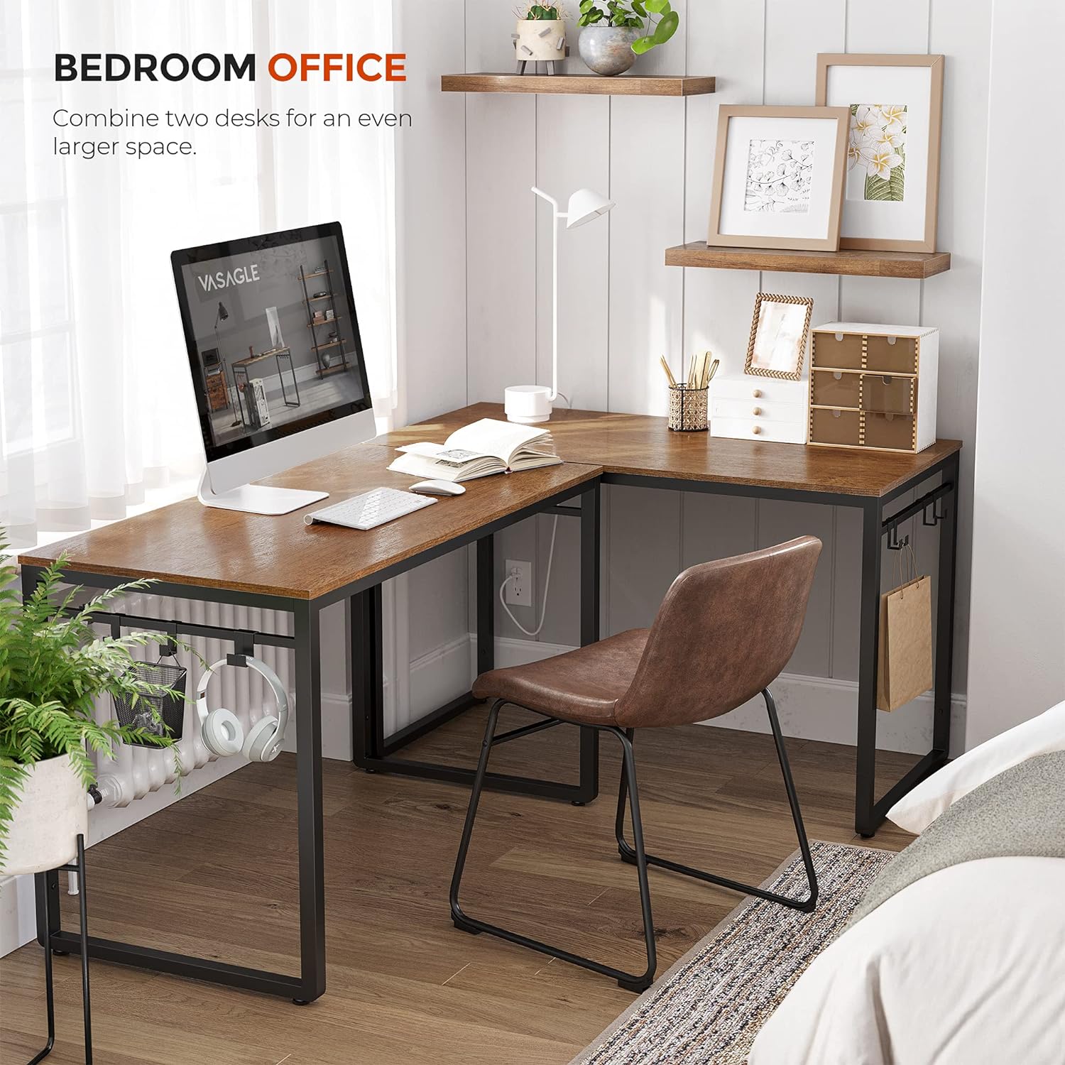 VASAGLE ALINRU Computer Desk 47.2 x 23.6 x 29.5 Inches with 8 Hooks Walnut Brown