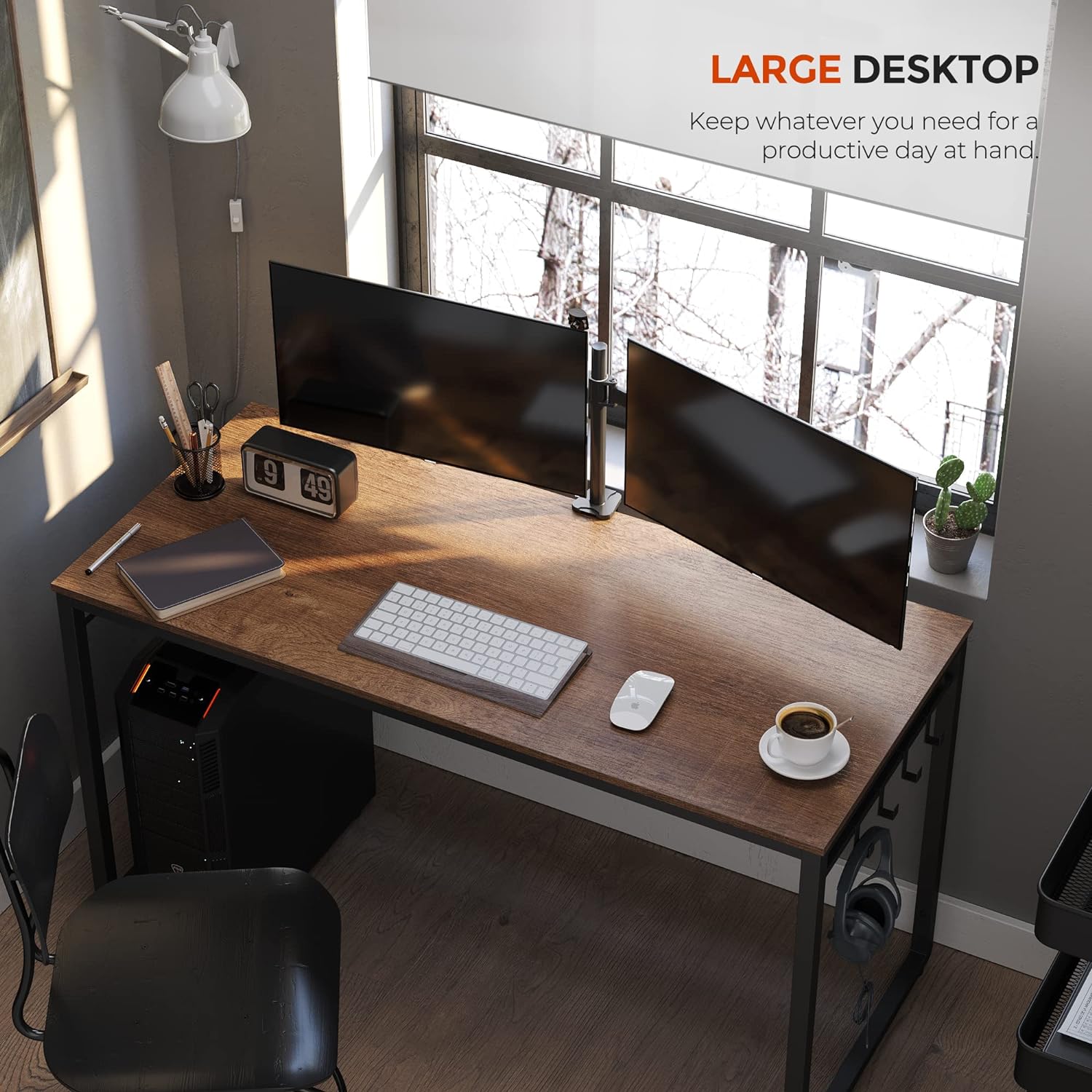 VASAGLE ALINRU Computer Desk 47.2 x 23.6 x 29.5 Inches with 8 Hooks Walnut Brown