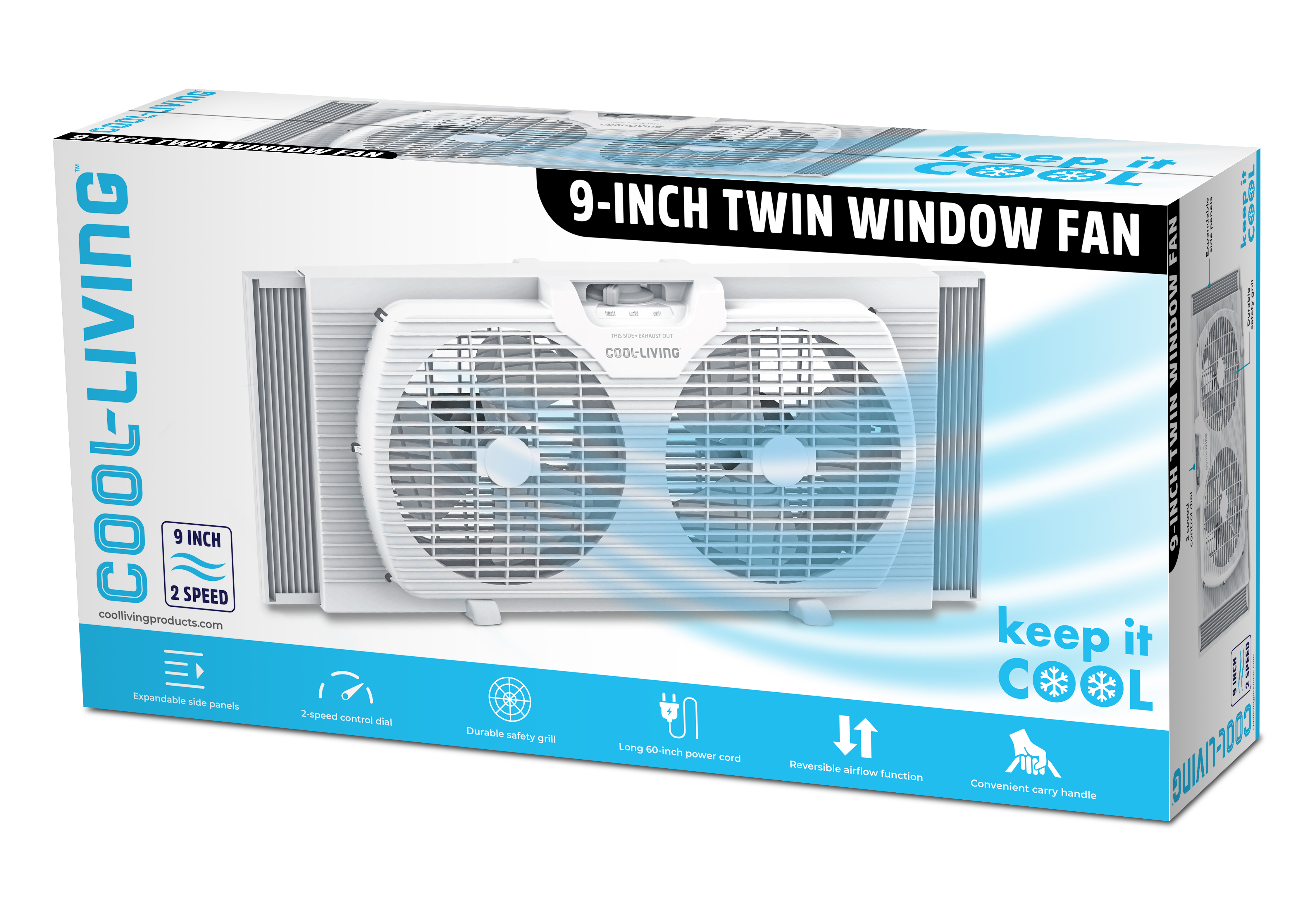 9 Twin Window Fan with Reversible Airflow Control, Auto-Locking Expanders, Convenient Carry Handle and 2-Speed Fan Switch, Ideal for Home, Kitchen, Bedroom & Office