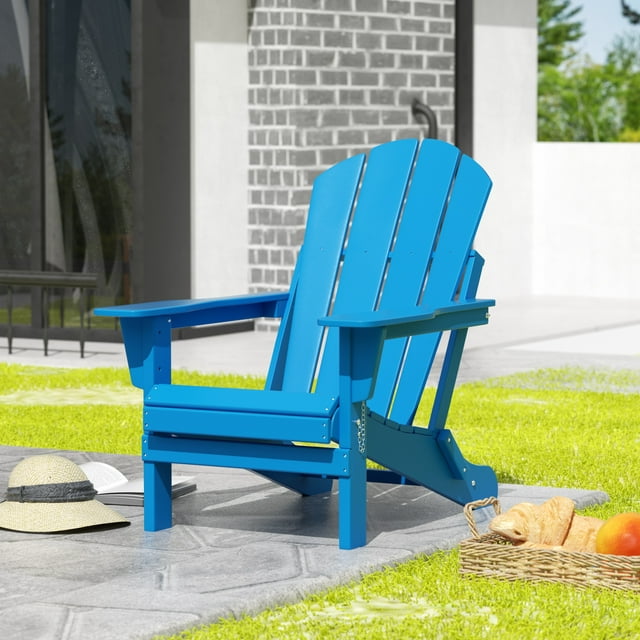 Outdoor Folding HDPE Adirondack Chair, Weather Resistant, Blue