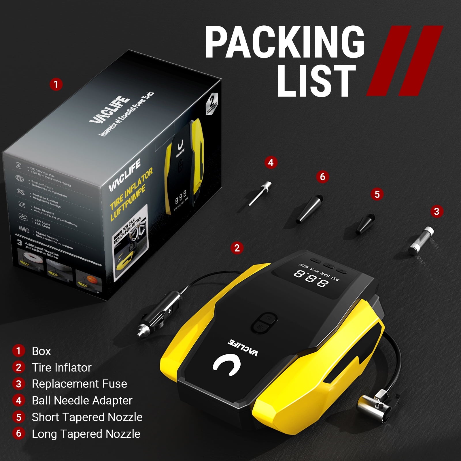 Tire Inflator Portable Air Compressor, DC 12V Auto Digital Air Pump with LED Light & 4 Accessories for Car Tires, Bicycles and Other Inflatables, Yellow