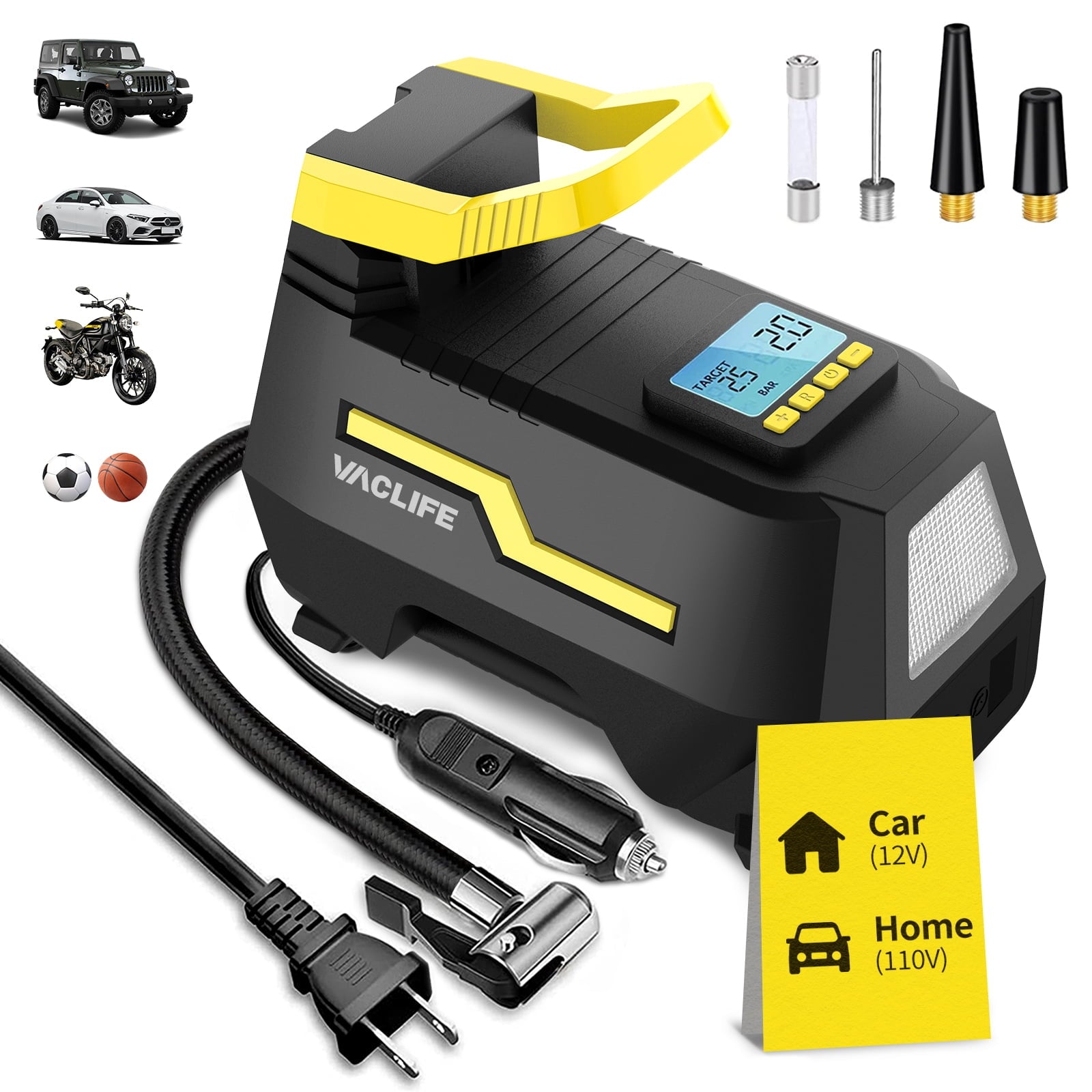 VacLife AC/DC Tire Inflator – Portable Air Compressor Pump for Car & Home (12V/110V), Digital Display, LED Light – Yellow