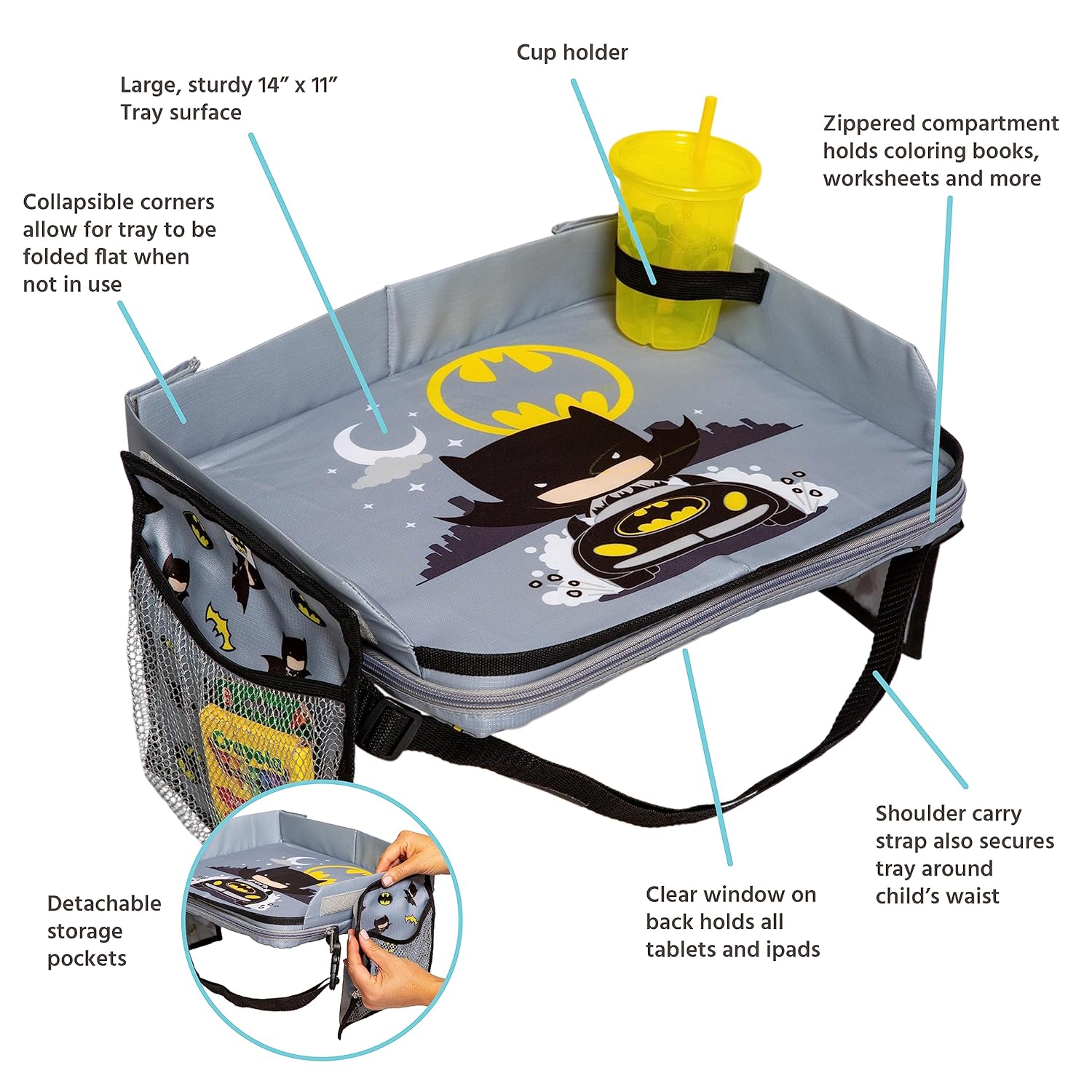 Kids Travel Tray, DC Comics Batman | 3-in-1 Travel Tray, Travel Bag, and Tablet Holder