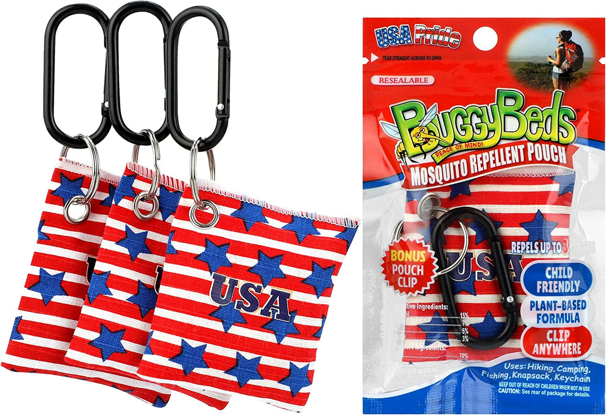 BuggyBeds Mosquito Repellent Pouches with Pouch Clip, Plant-Based Formula, Reusable & Last up to 30 Days, Child-Friendly, USA Pride Colors, 20-Pack