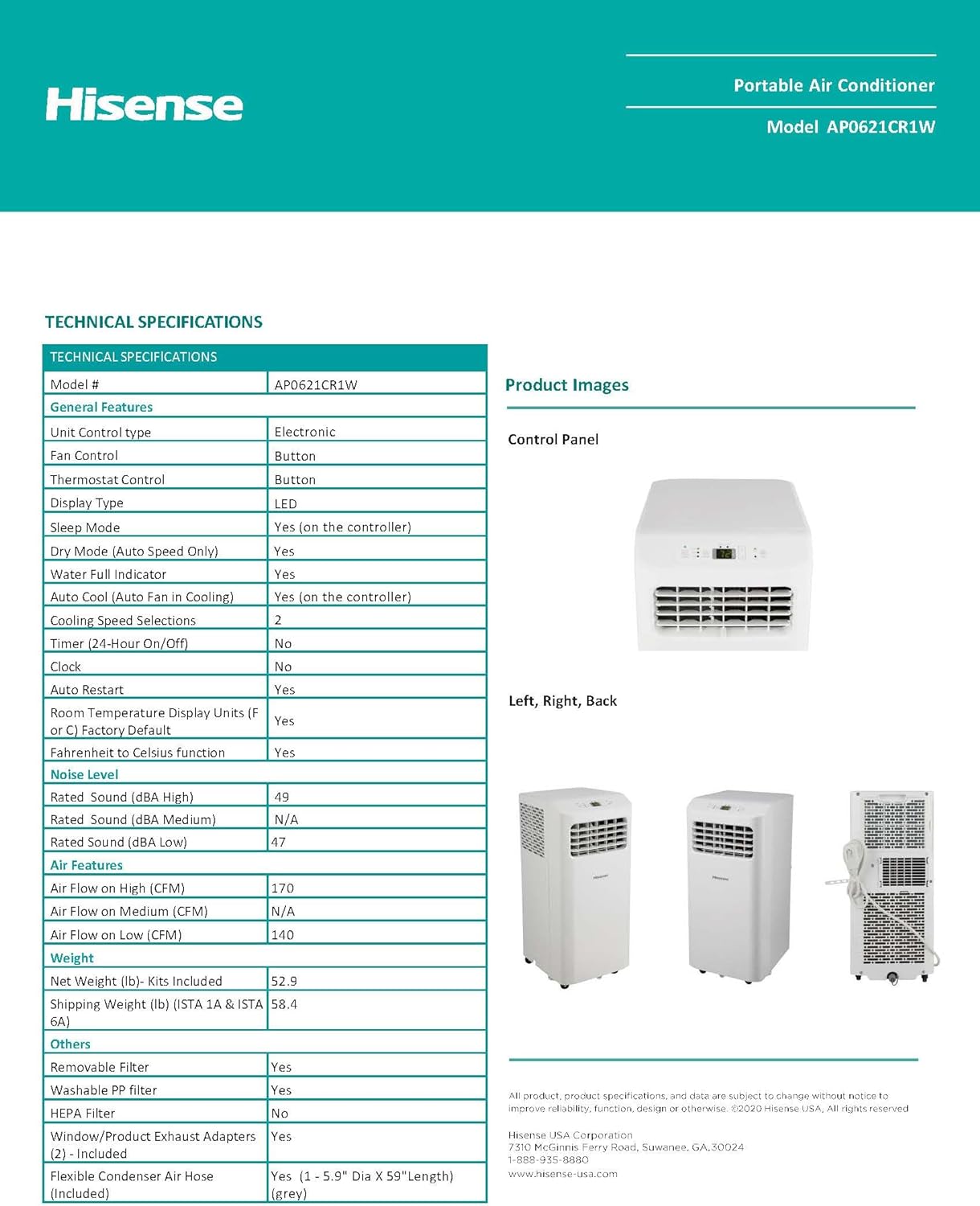 Hisense Portable Air Conditioner 250-sq.ft 6000-BTU DOE (8000-BTU ASHRAE) 115-Volt (Refurbished)