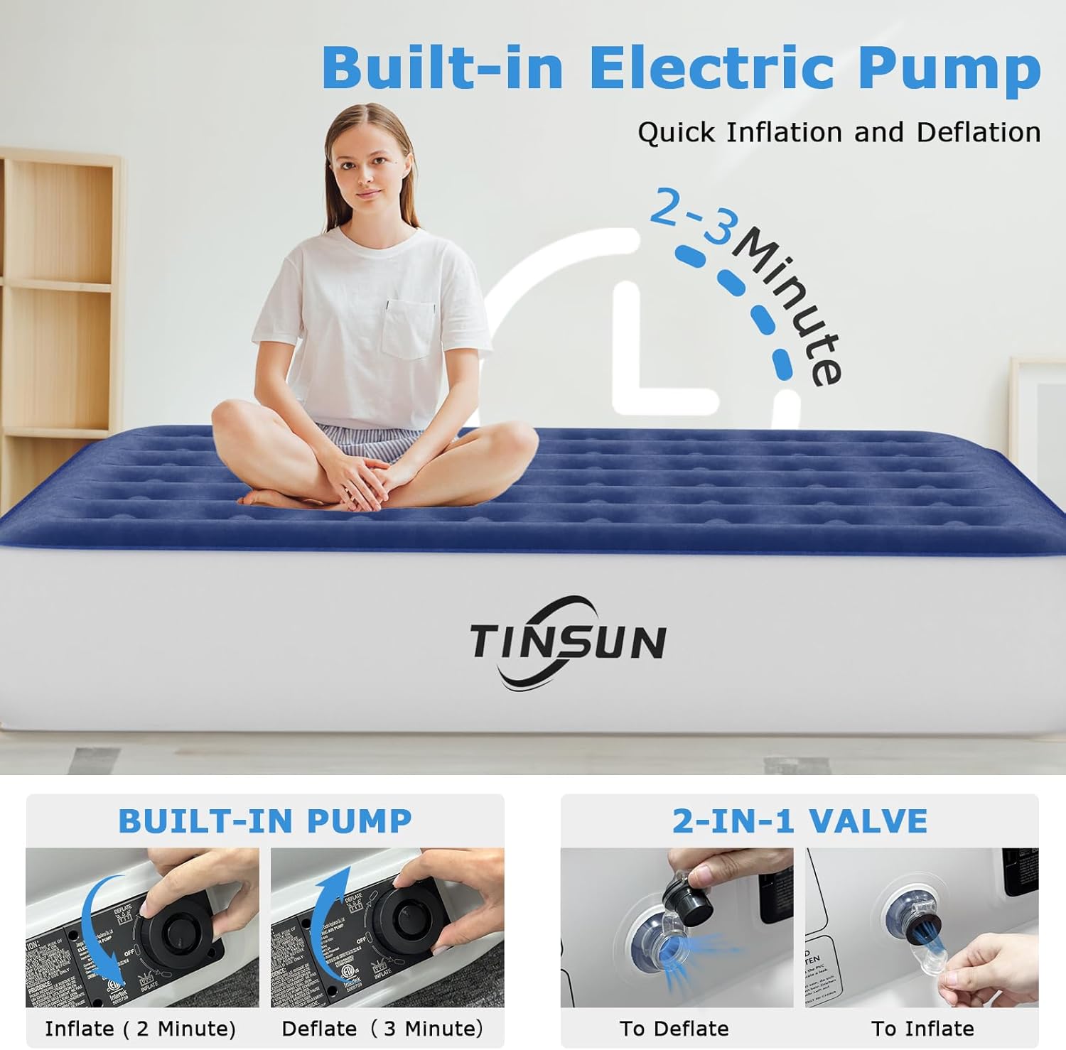 TINSUN Air Mattress Queen with Built in Pump, Queen, Royal Blue, 13 inch