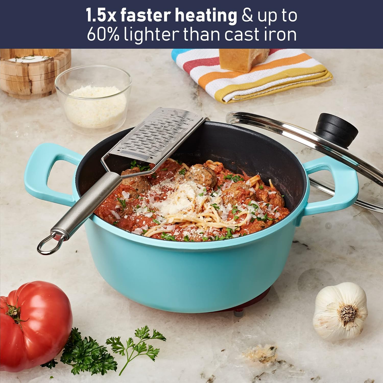 Retro by Bergner - 4.5 Qt Non Stick Cast Aluminum Dutch Oven with Vented Glass Lid, Blue