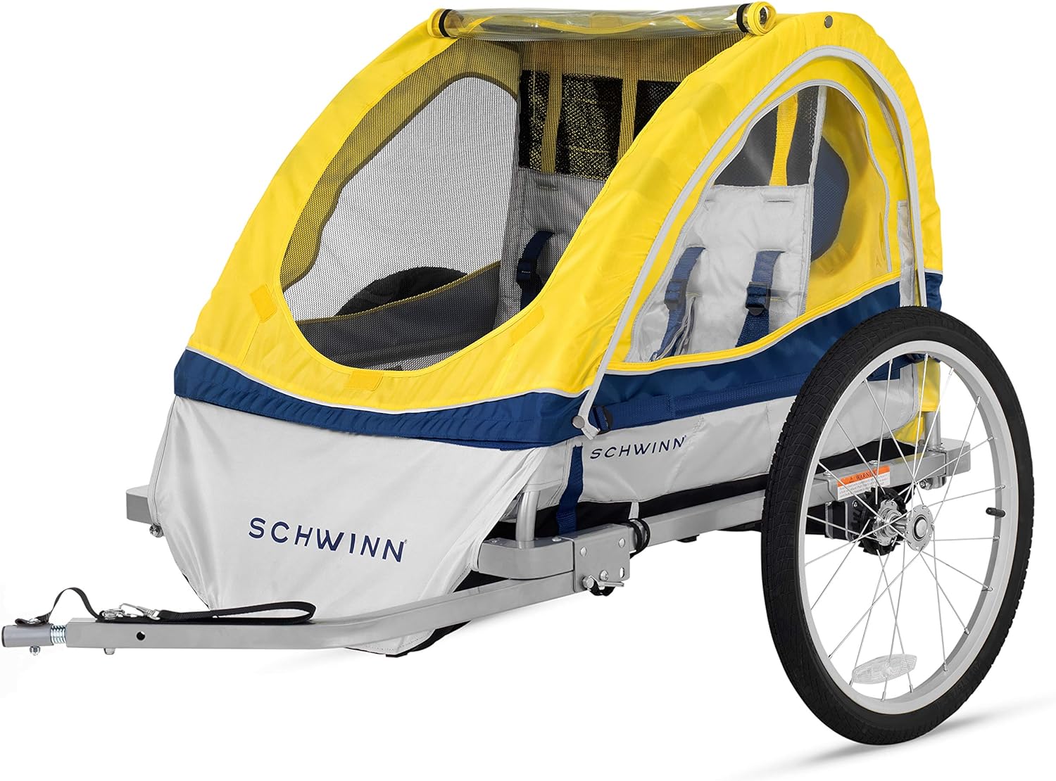 Schwinn Echo 2-Seat Child Bike Trailer – Single/Double Baby Carrier with Canopy, Bug Screen & Weather Shield, 20-Inch Air Tires, Yellow