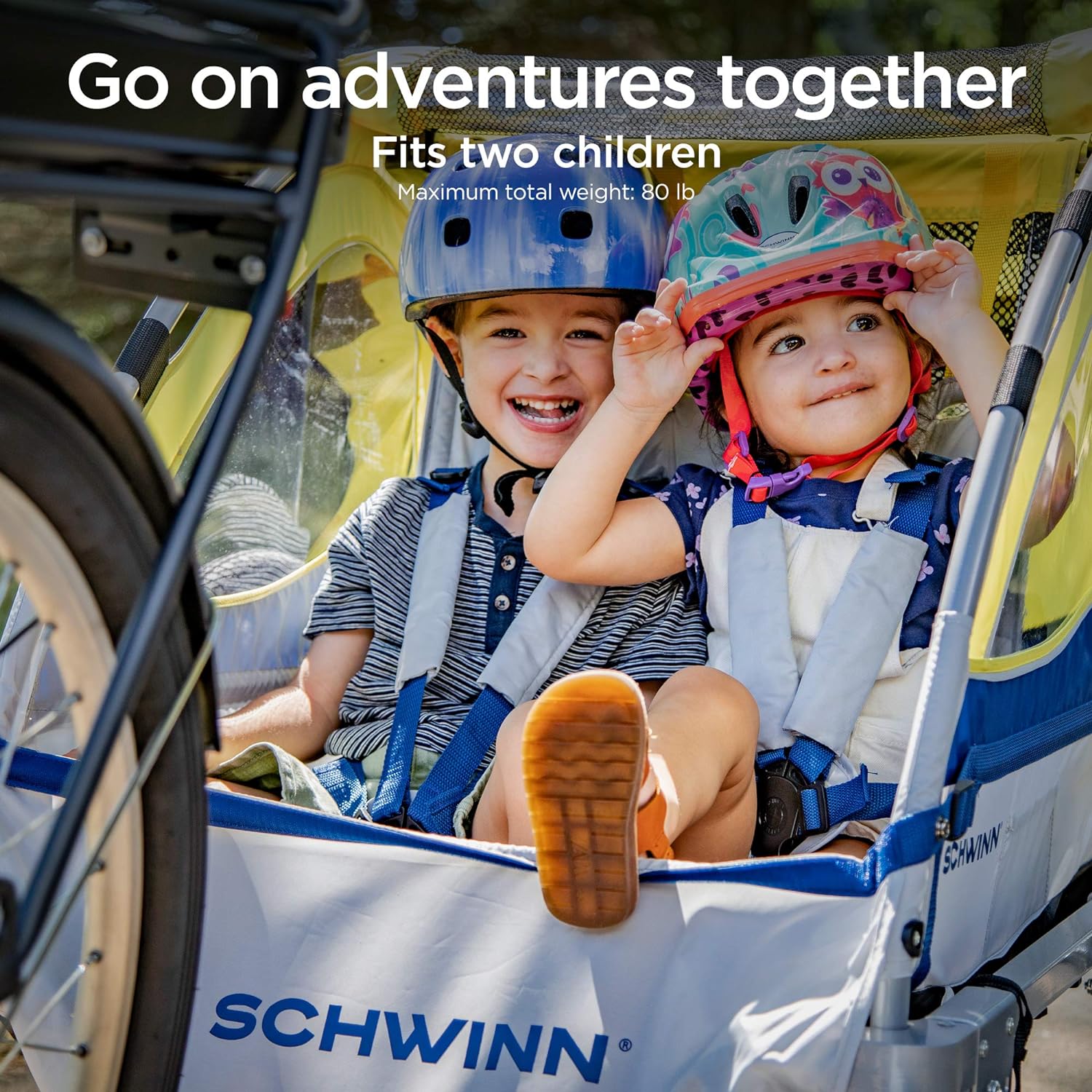 Schwinn Echo 2-Seat Child Bike Trailer – Single/Double Baby Carrier with Canopy, Bug Screen & Weather Shield, 20-Inch Air Tires, Yellow