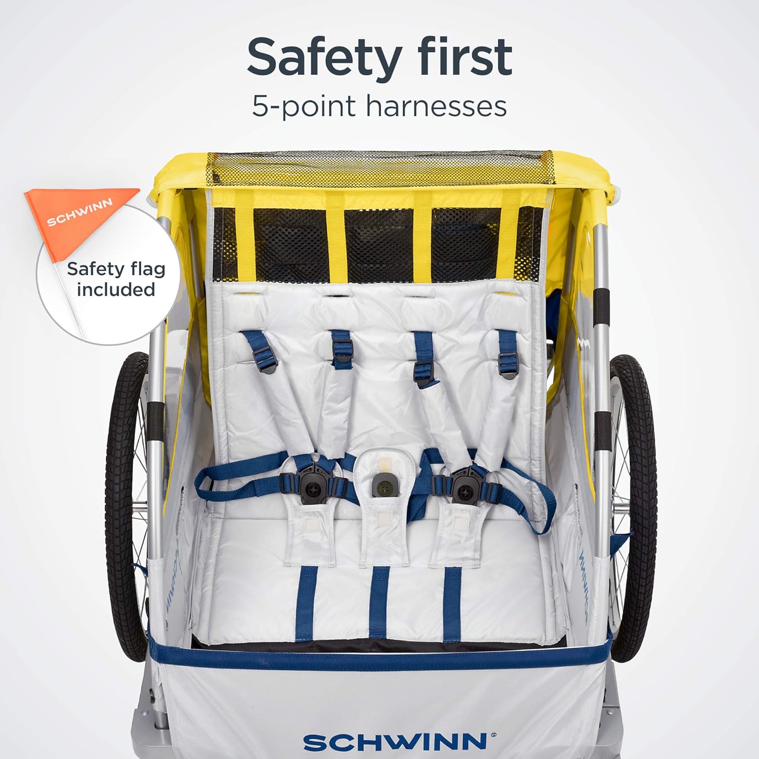 Schwinn Echo 2-Seat Child Bike Trailer – Single/Double Baby Carrier with Canopy, Bug Screen & Weather Shield, 20-Inch Air Tires, Yellow