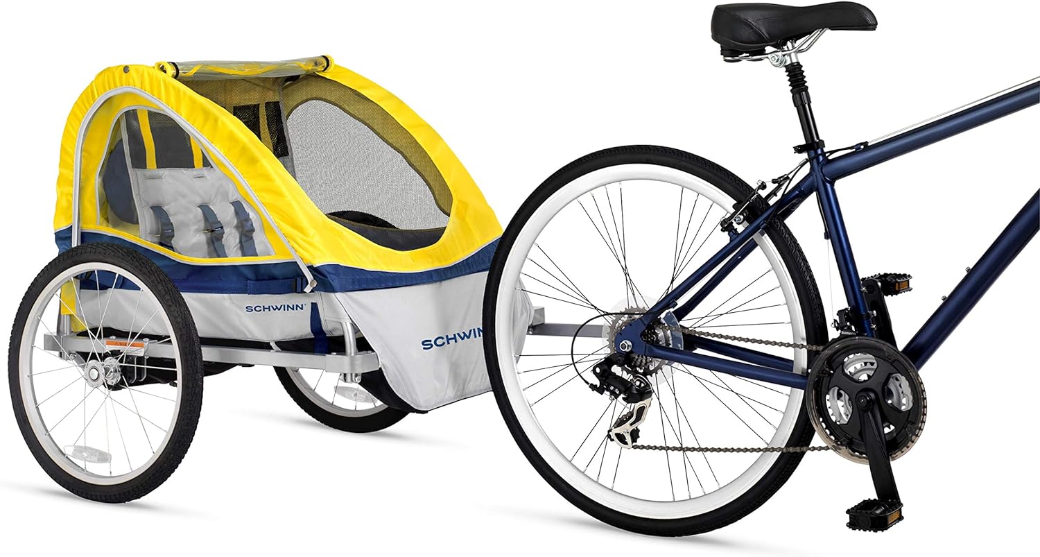 Schwinn Echo 2-Seat Child Bike Trailer – Single/Double Baby Carrier with Canopy, Bug Screen & Weather Shield, 20-Inch Air Tires, Yellow