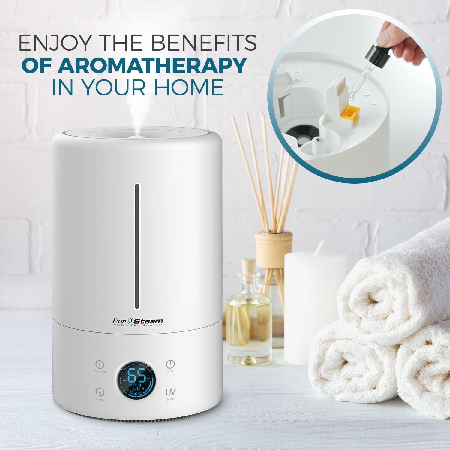 PurSteam Whisper-Quiet 5L Cool Mist Ultrasonic Humidifier for Large Rooms with Oil Diffuser & Auto Shut-Off, Humidifies up to 20 Hours