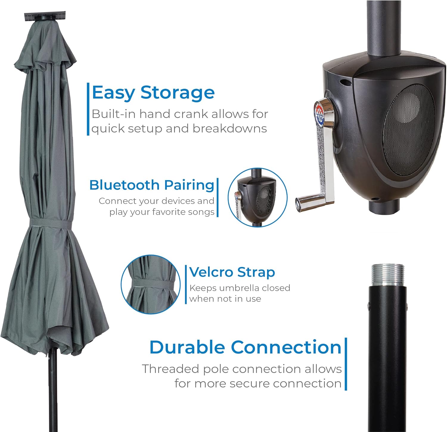 Sun-Ray 9' Round 8Rib Aluminum Bluetooth Solar Lighted Umbrella - Grey