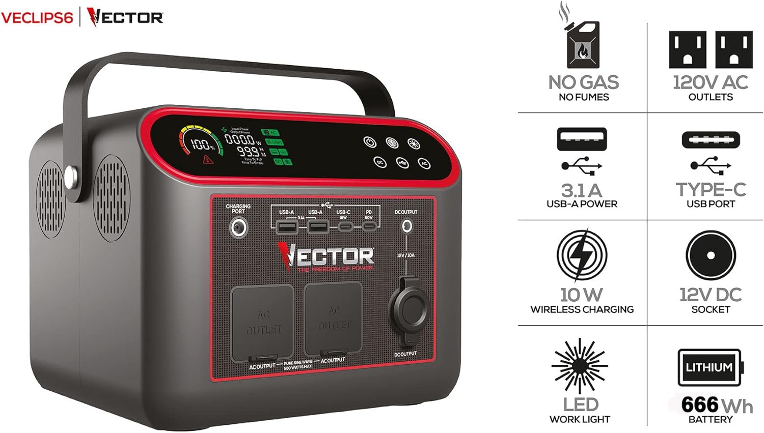 Vector VECLIPS6 666 WH, 733 Watt  Lithium Powerstation,  with AC, USB and  DC Power, Solar Panel Capable