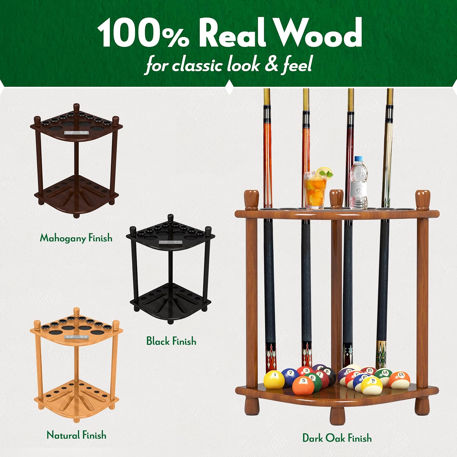 ISZY Billiards Pool Stick Holder Wood Stand, Holds 8 Billiard Sticks, a Full Set of Balls & Includes 4 Score Counters