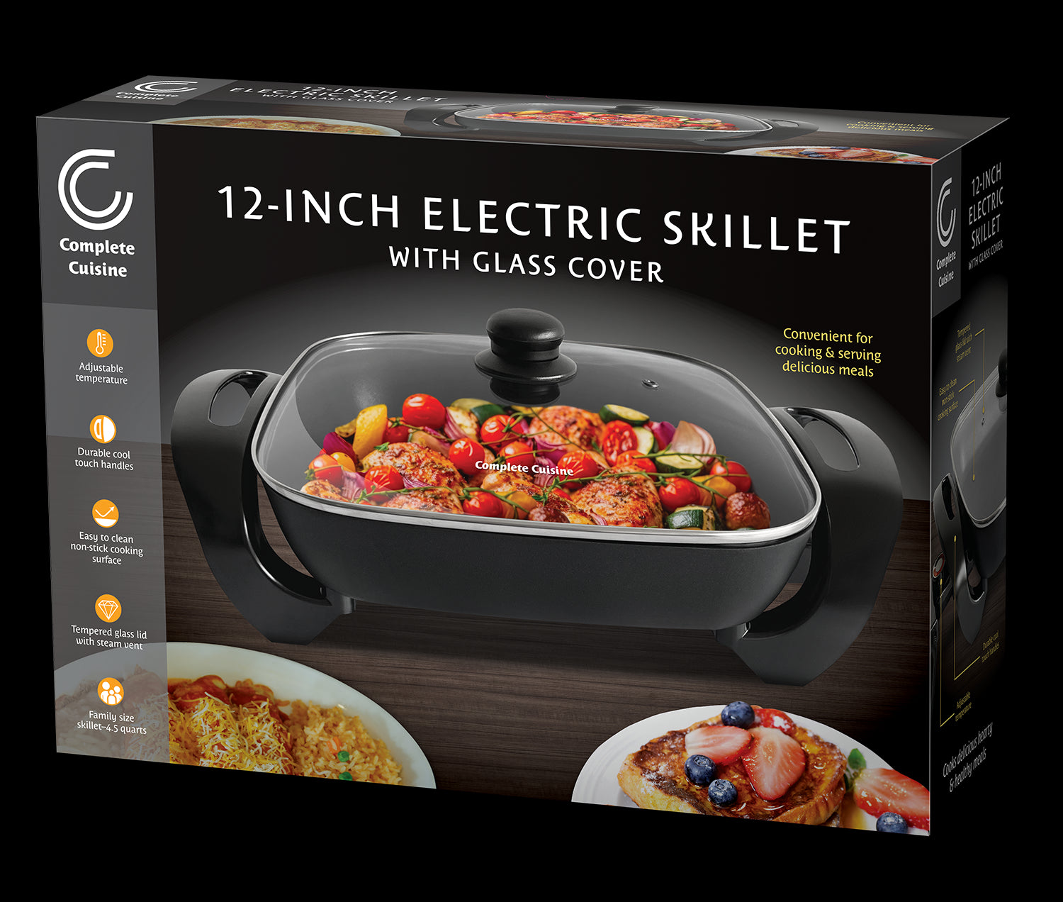 Complete Cuisine 12-Inch Non-Stick Electric Skillet with Glass Cover- Family Sized 4.5 quarts