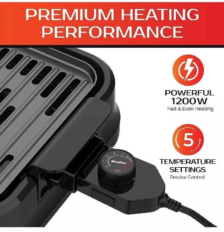 Mueller Ultra Gourmet Electric Grill, Smokeless Indoor Grill, Removable Nonstick Grill Plate, with Adjustable Temperature, 120V