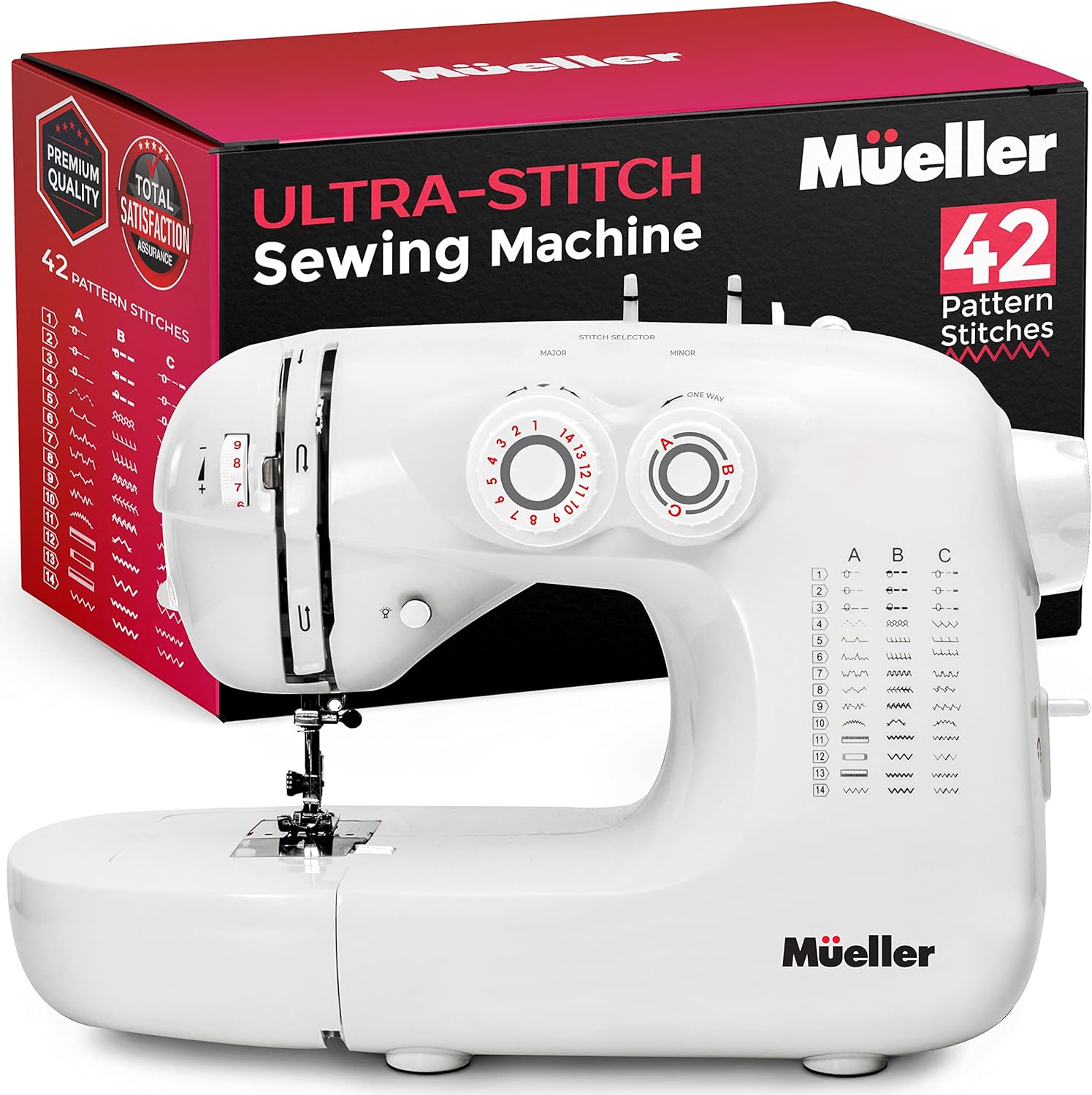 Mueller Ultra Stitch Sewing Machine with 110 Stitch Applications, LED Light, Foot Pedal, Reverse, Buttonhole, Button and Zipper Sewing, Thread Cutter, Removable Accessories Storage