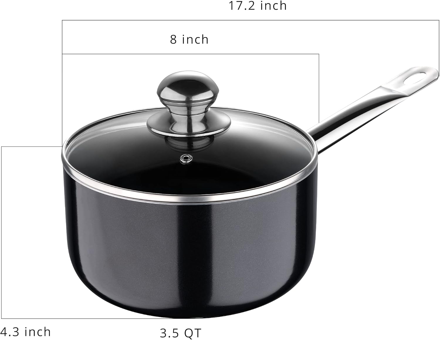 Prochef by Bergner - 3.5 Qt Cast Aluminum Non Stick Sauce Pan with Vented Glass Lid, Black