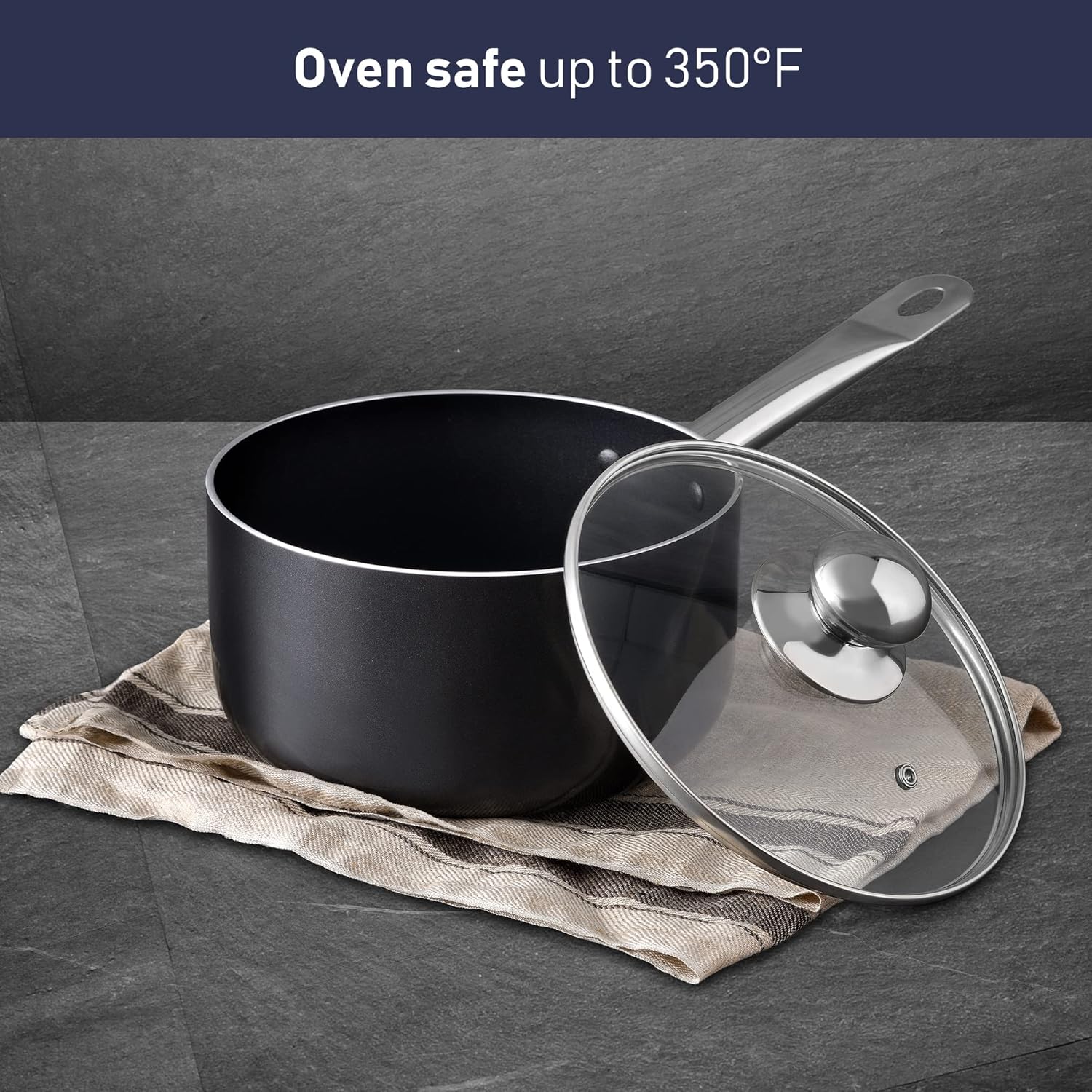 Prochef by Bergner - 3.5 Qt Cast Aluminum Non Stick Sauce Pan with Vented Glass Lid, Black