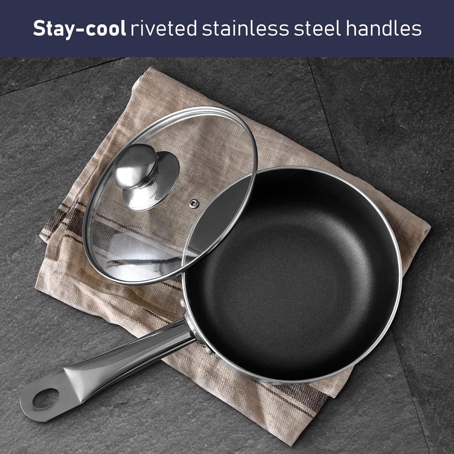 Prochef by Bergner - 3.5 Qt Cast Aluminum Non Stick Sauce Pan with Vented Glass Lid, Black