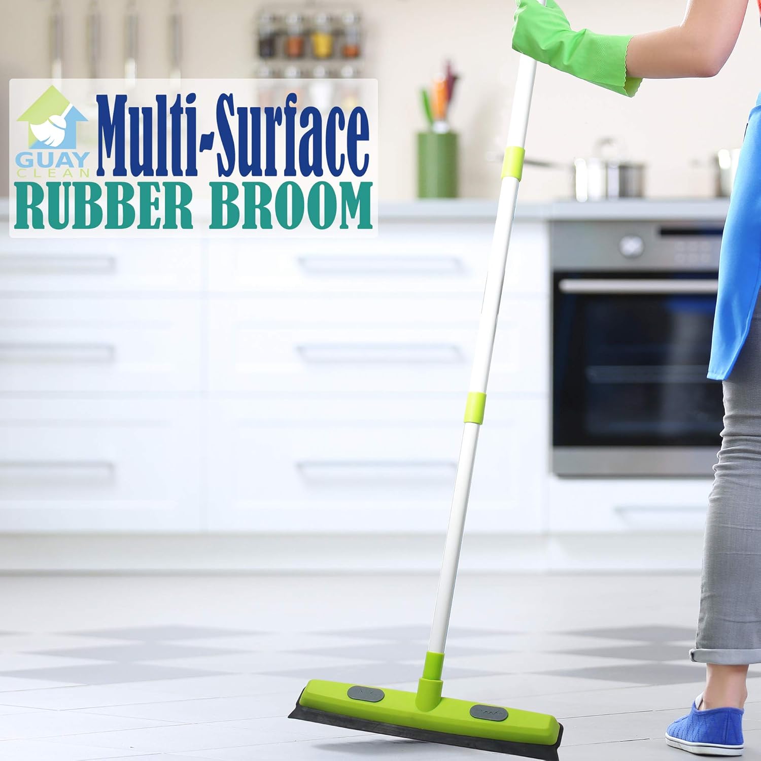 Guay Rubber Push Broom – Pet Hair & Fur Removal Soft Bristle Sweeper for Carpet & Floors with Squeegee, Grommet, and Telescopic Pole up to 50" (Blue)