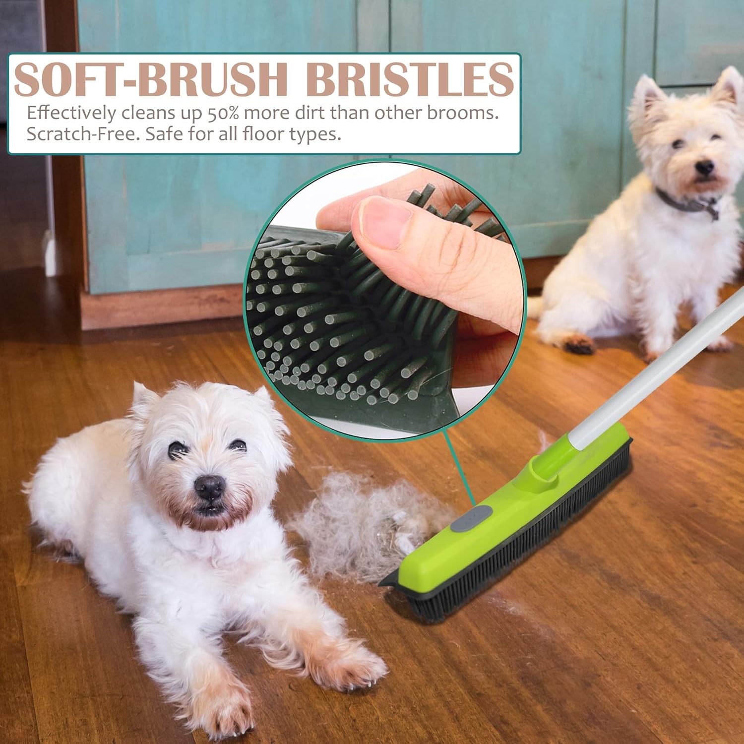 Guay Rubber Push Broom – Pet Hair & Fur Removal Soft Bristle Sweeper for Carpet & Floors with Squeegee, Grommet, and Telescopic Pole up to 50" (Blue)