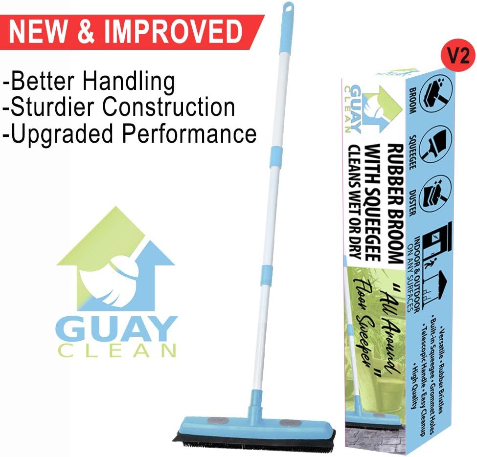 Guay Rubber Push Broom – Pet Hair & Fur Removal Soft Bristle Sweeper for Carpet & Floors with Squeegee, Grommet, and Telescopic Pole up to 50" (Blue)