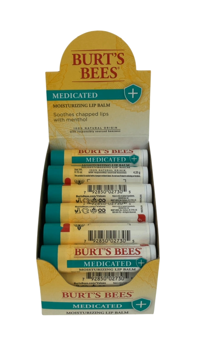 Burt's Bees Medicated Lip Balm, Soothes Chapped Lips with Menthol Counter Display, 12 Sticks Included
