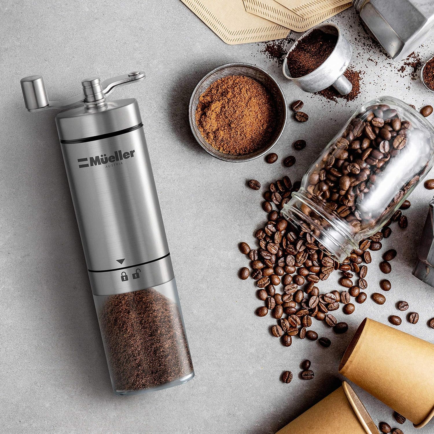 Mueller Manual Coffee Grinder Adjustable Ceramic Conical Burr Mill, Whole Bean Heavy Duty Burr Coffee Grinder for French Press/Turkish Brew, Brushed Stainless Steel Coffee Bean Grinder