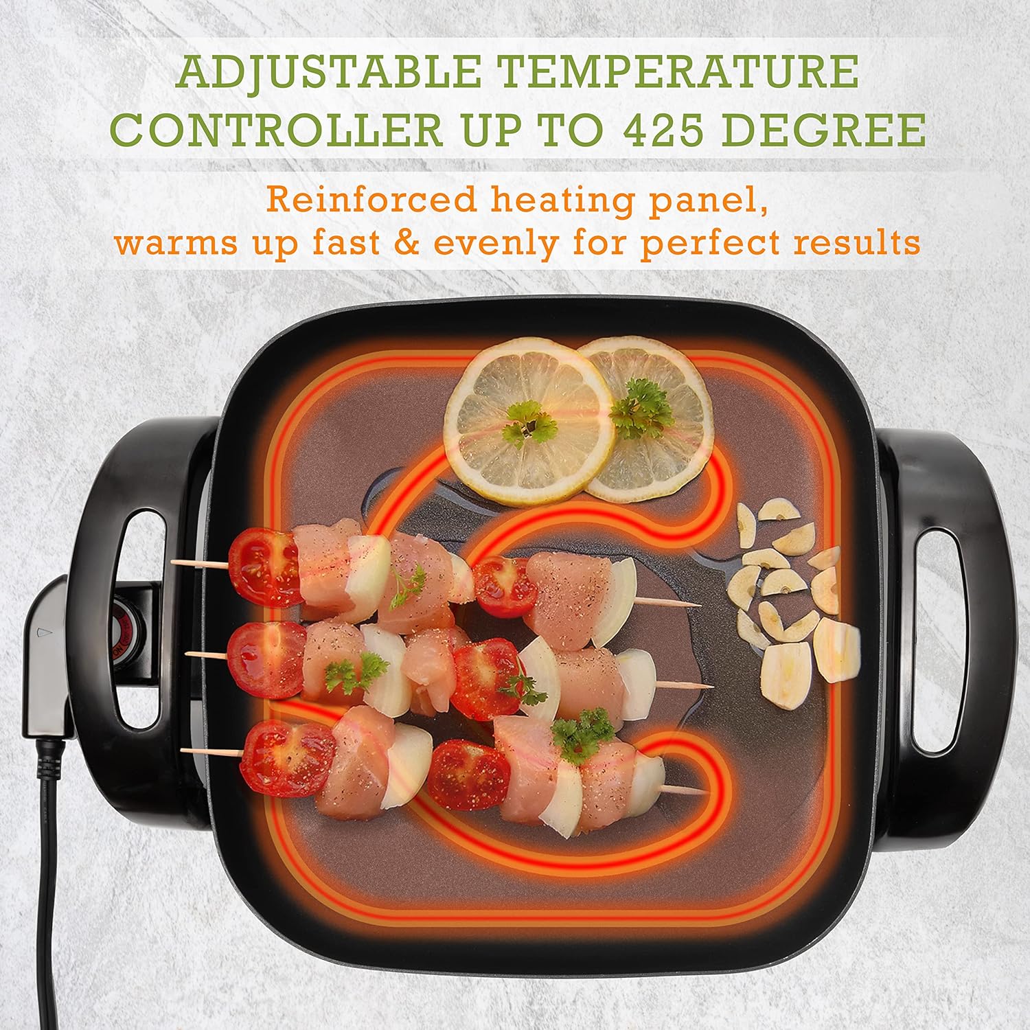 Moss & Stone Square Nonstick Electric Skillet With Lid, Aluminum 12 Inch Electric Frying Pan, 2 Layers Of Non-Stick Coating, Adjustable Temperature Control, Lid With Steam Vent & Heat-Resistant Handle