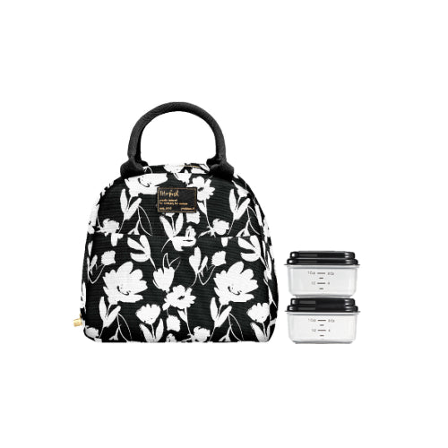 Fit & Fresh Portland Thermal Insulated Lunch Tote Bag for Women, Includes 2-8 oz Snack Containers,  Black and White