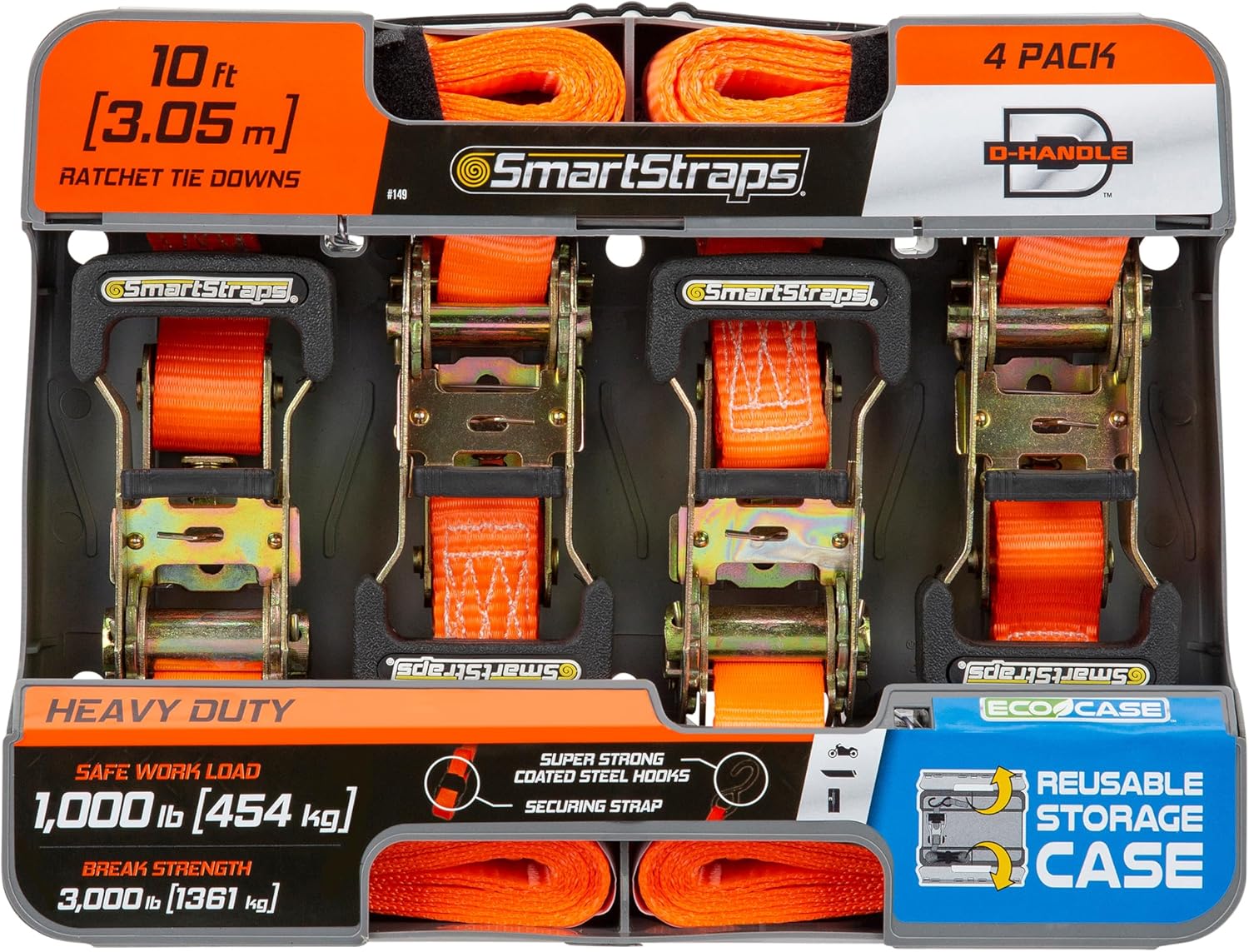 SMARTSTRAPS 10-Foot Ratchet Straps (4pk)  3,000 lbs Break Strength  1,000 lbs Safe Work Load Haul Heavier Loads Like Motorcycles, Boats and Large Appliances  Heavy-Duty Padded Tie-Downs, ORANGE (149) 4 Pack 10'' 3000 lb