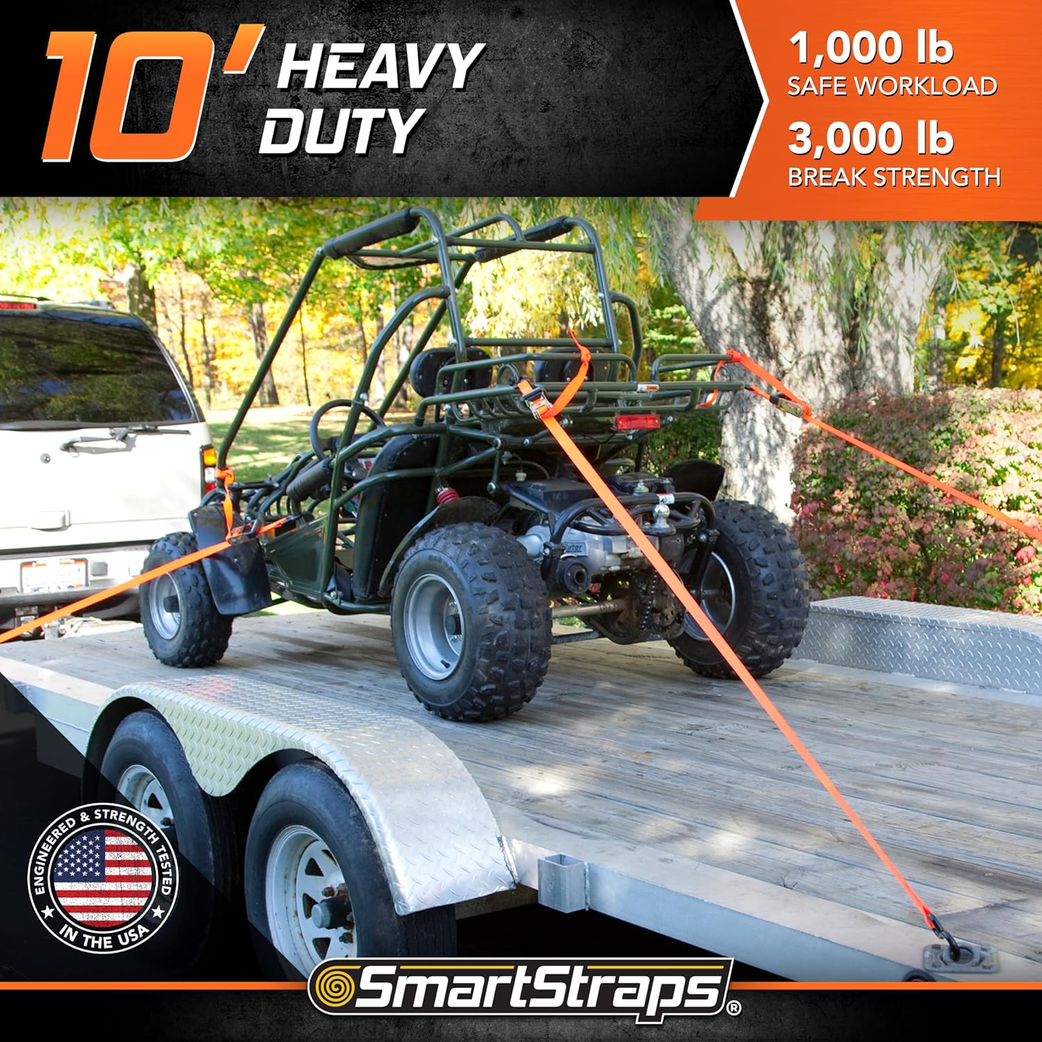 SMARTSTRAPS 10-Foot Ratchet Straps (4pk)  3,000 lbs Break Strength  1,000 lbs Safe Work Load Haul Heavier Loads Like Motorcycles, Boats and Large Appliances  Heavy-Duty Padded Tie-Downs, ORANGE (149) 4 Pack 10'' 3000 lb