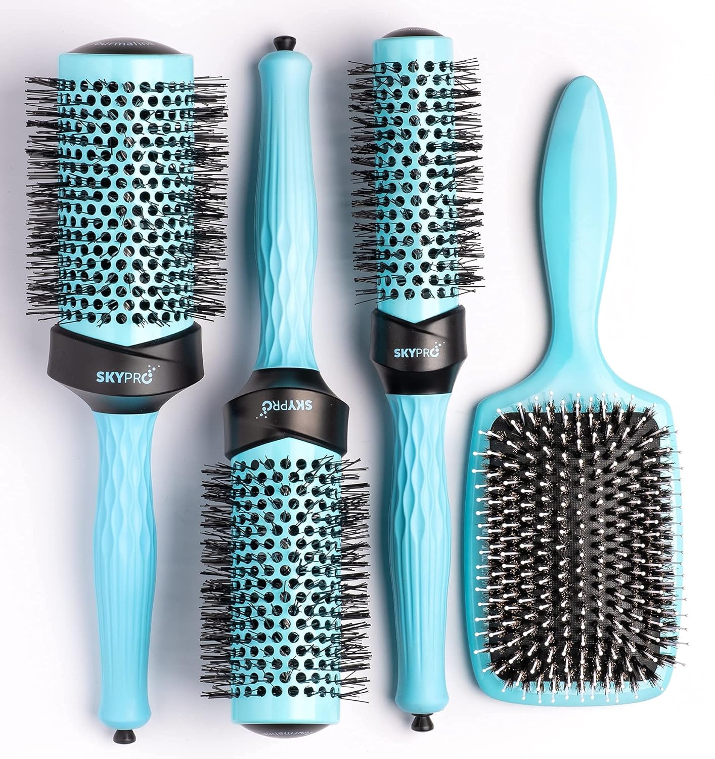 SKYPRO Professional Series 4-Piece Round Brush Set for Blow Drying with Paddle Brush by SKYPRO | Ceramic Ion Barrel | Volumizing Roller Brush w/Long Ultra-Glide Bristles, Comfort Grip for Easy Hair Styling