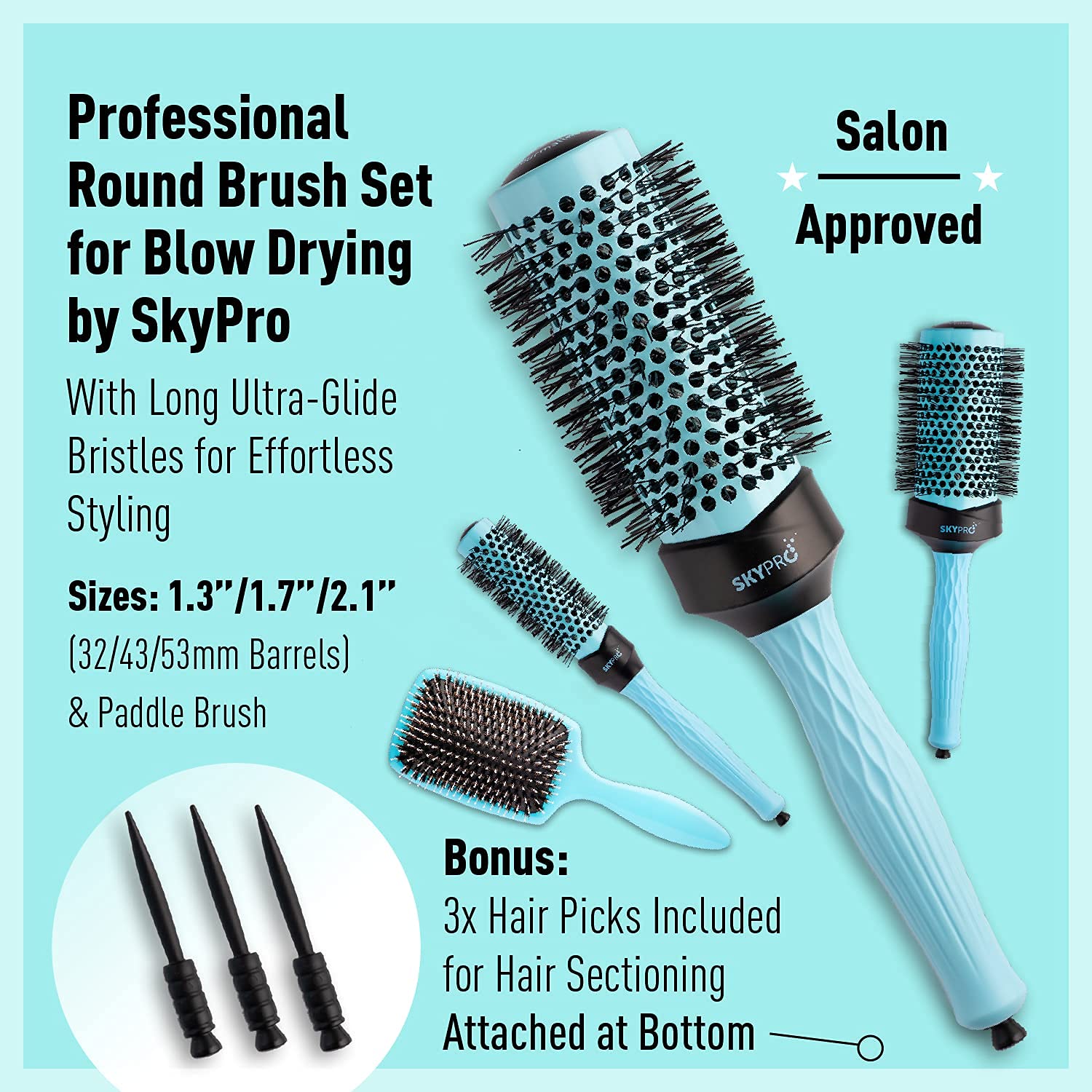 SKYPRO Professional Series 4-Piece Round Brush Set for Blow Drying with Paddle Brush by SKYPRO | Ceramic Ion Barrel | Volumizing Roller Brush w/Long Ultra-Glide Bristles, Comfort Grip for Easy Hair Styling
