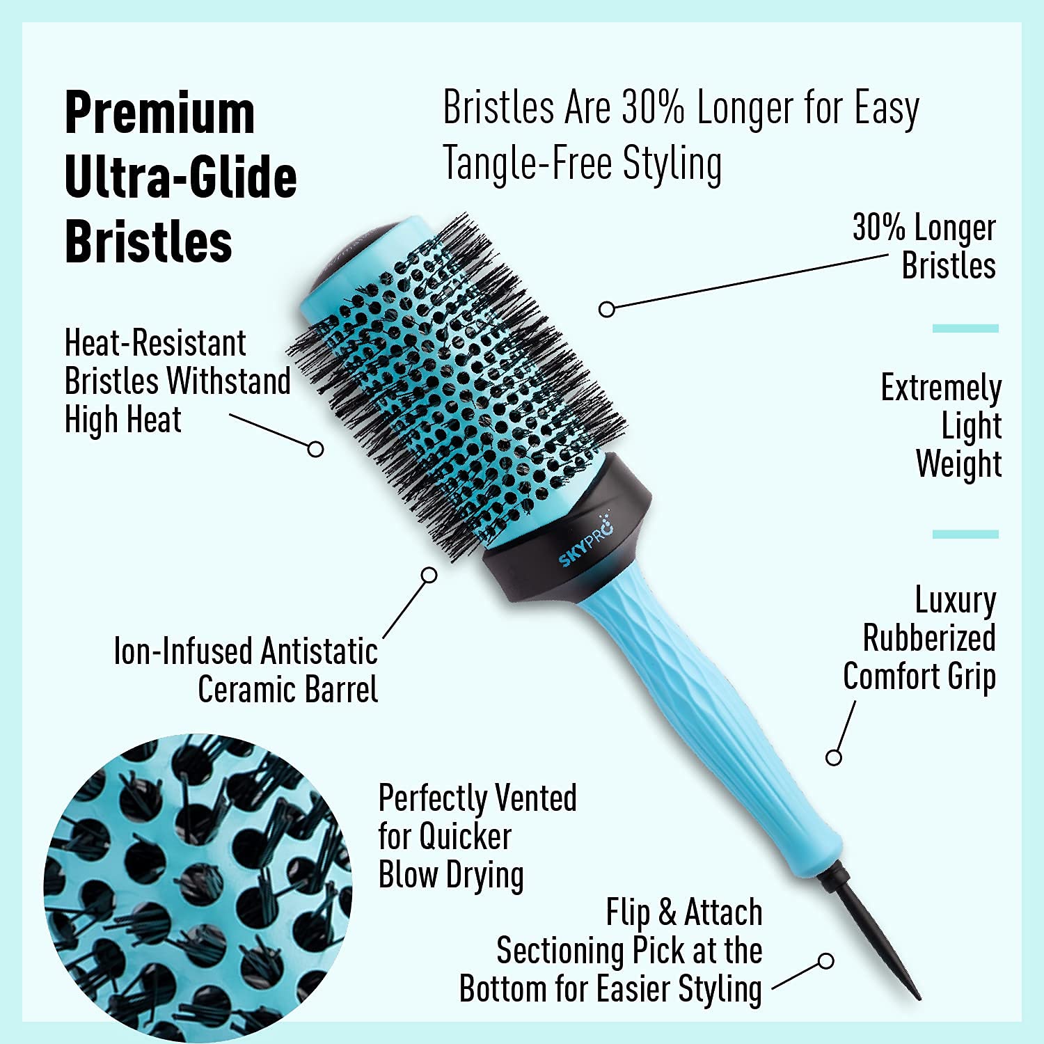 SKYPRO Professional 2" Round Brush – Large Ceramic Ion Barrel Volumizing Blow Drying Brush with Ultra-Glide Bristles