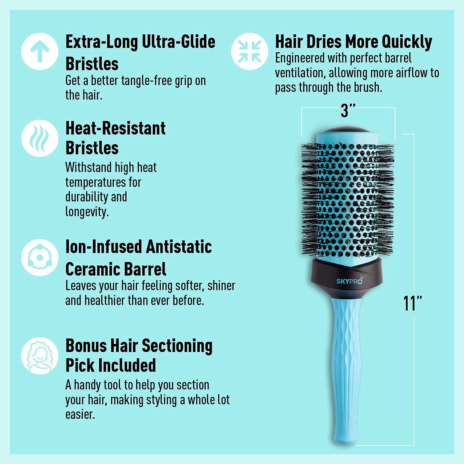 SKYPRO Professional 2" Round Brush – Large Ceramic Ion Barrel Volumizing Blow Drying Brush with Ultra-Glide Bristles