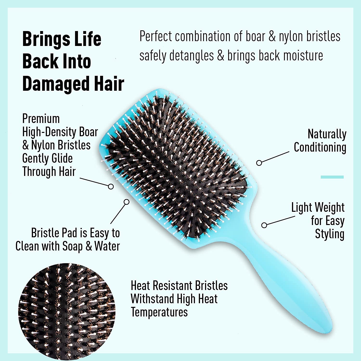 SKYPRO Professional Boar Bristle Paddle Brush – High Density Detangling & Smoothing Brush for All Hair Types