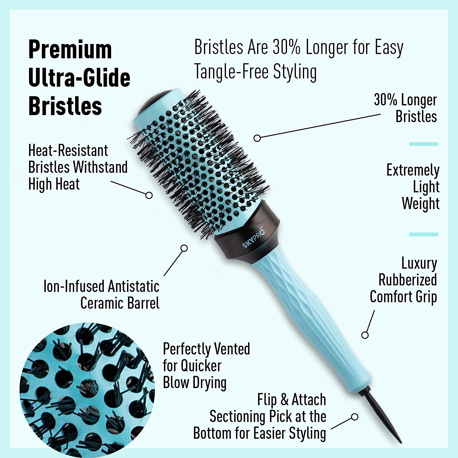 SKYPRO Professional 1.7" Round Brush – Ceramic Ion Barrel Volumizing Blow Drying Brush with Ultra-Glide Bristles