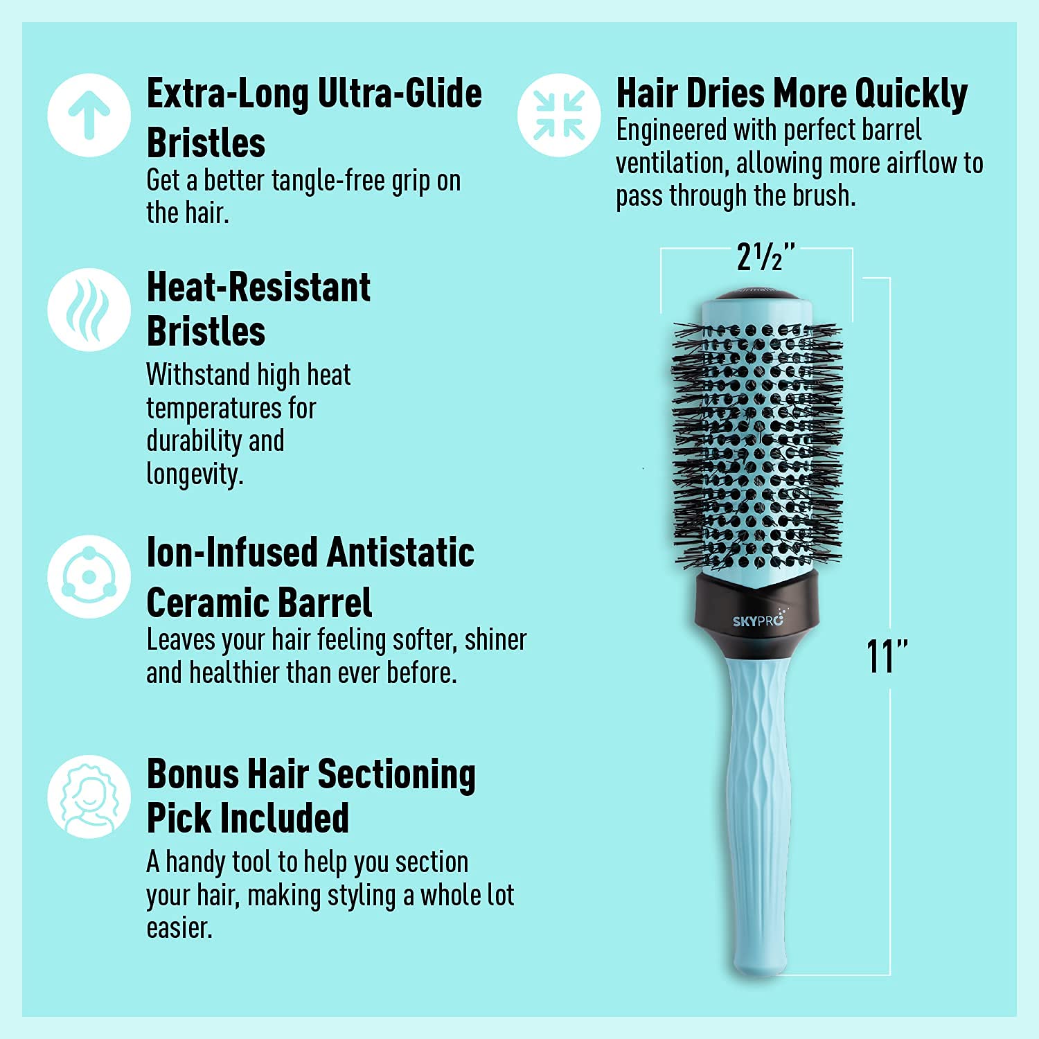 SKYPRO Professional 1.7" Round Brush – Ceramic Ion Barrel Volumizing Blow Drying Brush with Ultra-Glide Bristles