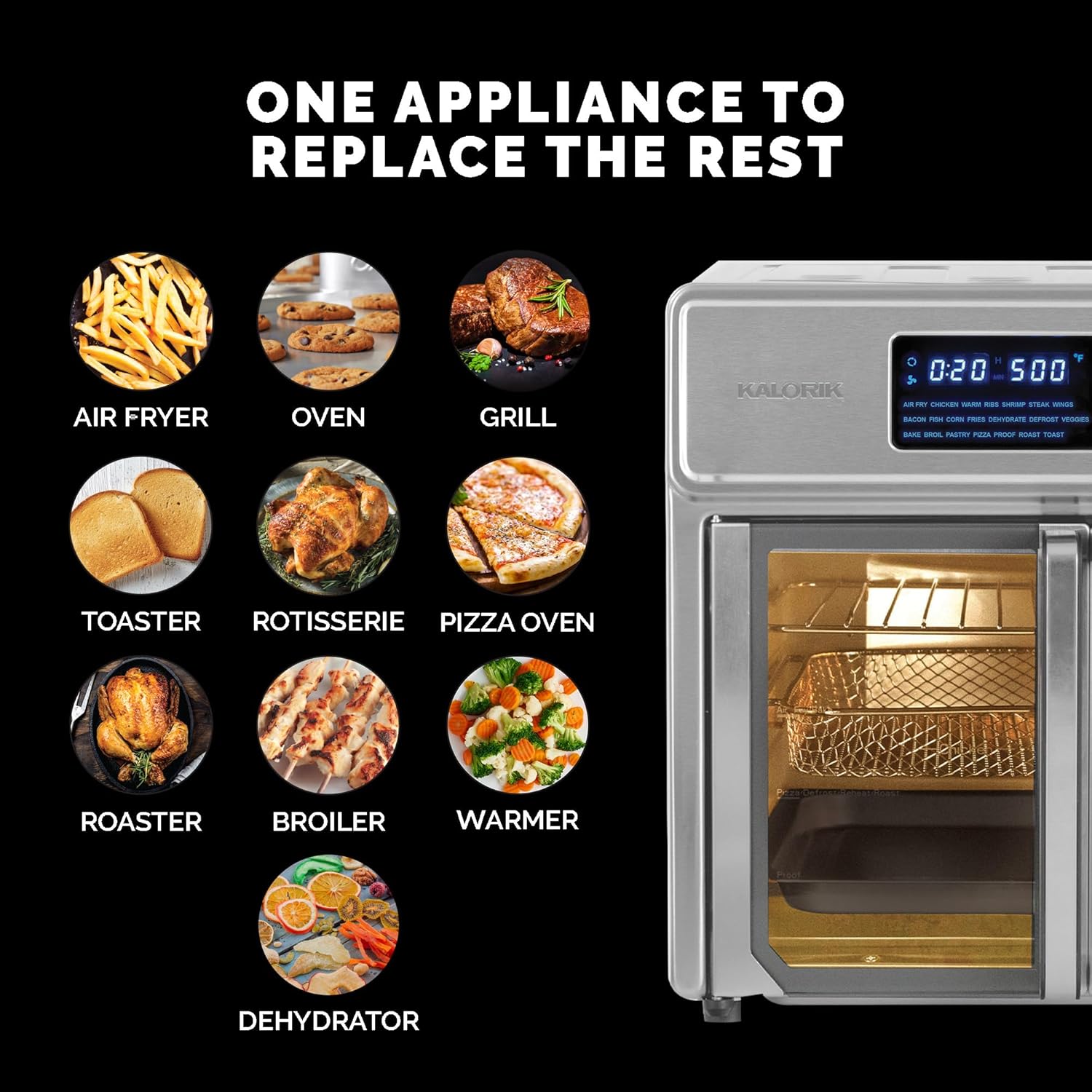 Kalorik MAXX Digital Air Fryer Oven, 26 Quart, 10-in-1 Countertop Toaster Oven & Air Fryer Combo-21 Presets up to 500 degrees, Includes 9 Accessories & Cookbook