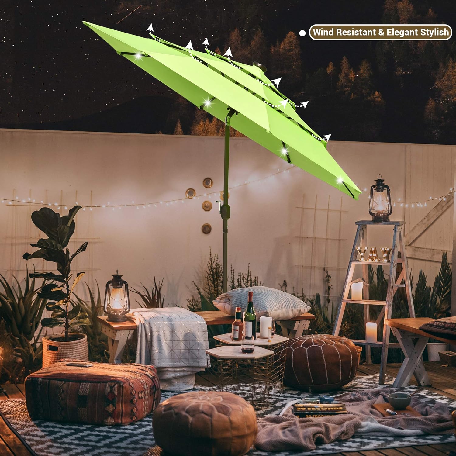 Yescom 9FT 3 Tier UV70+ Solar Powered LED Patio Umbrella with Crank Tilt Button, Apple Green