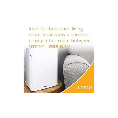 Beurer LR210 Air Purifier for Home, 3-Layer H13 True HEPA Filter System, 3 Fan Settings, Clean Ambient Air, Air Filter for Allergies & Pets, Cleaner with Sleep Mode & Timer