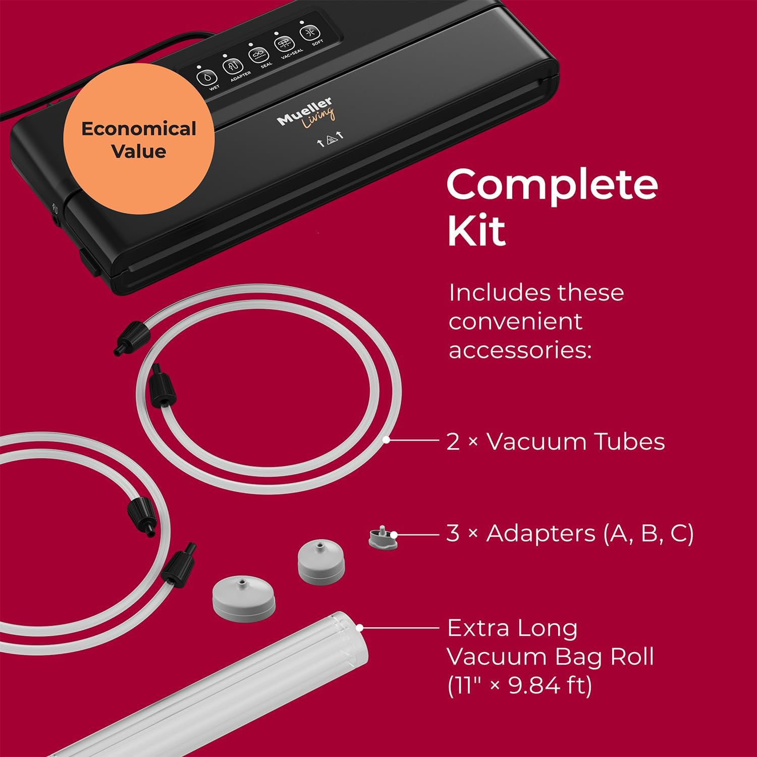 Mueller Compact Vacuum Sealer Machine, Includes Bags & Roll, LED Indicators