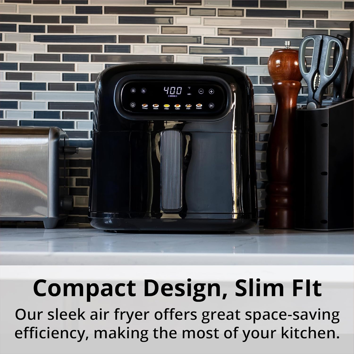 Aria 5Qt Compact Air Fryer, Sleek Space-Saving Design, 6 Intuitive Presets, Modern Touch Screen, Colorful Menu Icons, and Dishwasher-Safe Basket