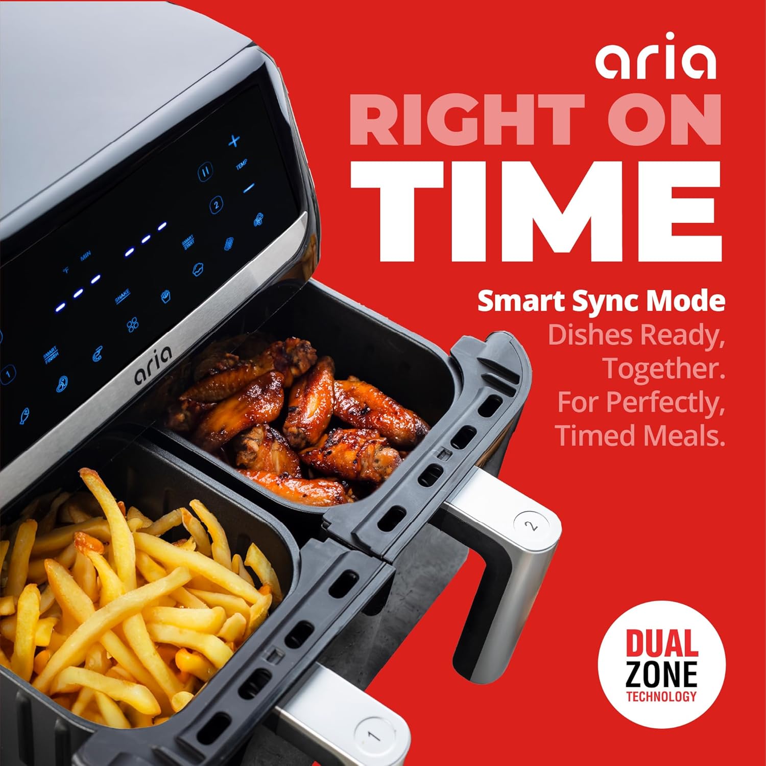 Aria 10Qt Dual Basket Air Fryer, Double 5Qt Basket Efficiency, Smart Sync Cooking, 8 Versatile Presets, Intuitive Touch Controls, and Dishwasher-Safe Baskets